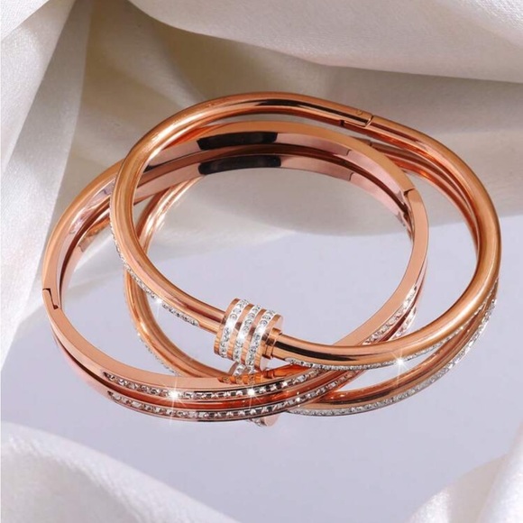 Luxe Rose Gold Stainless Steel Rhinestone Bangle Set - Picture 2 of 4